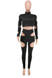 Black Sexy Solid Ripped Hollowed Out O Neck Long Sleeve Two Pieces