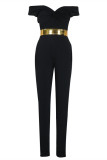 Yellow Fashion Sexy Solid Backless With Belt Off the Shoulder Skinny Jumpsuits