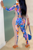Rose Red Sexy Patchwork Tie-dye Zipper Collar Skinny Jumpsuits
