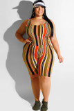Yellow Polyester Sexy Slip Two Piece Suits Striped Print Stripe