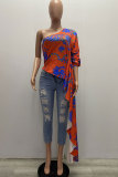 tangerine One Shoulder Collar Long Sleeve Patchwork Print backless Draped asymmetrical contrast color Tops