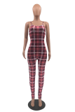 Pink Casual Plaid Draw String Spaghetti Strap Skinny Jumpsuits