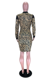 Leopard Print Sexy Print See-through Half A Turtleneck Pencil Skirt Dresses