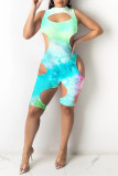 Yellow Fashion Sexy Print Tie Dye Hollowed Out O Neck Skinny Romper