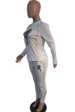 White venetian Casual Print Patchwork Two Piece Suits pencil Long Sleeve 