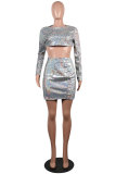 Silver Fashion Sexy Cap Sleeve Long Sleeves O neck Step Skirt Mini Solid Draped Two Piece Dresses