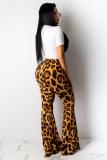 Grey Polyester Fashion Casual adult Leopard Lips Print Print Loose Short Sleeve