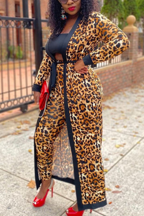 Leopard Print Casual Print Leopard With Belt O Neck Outerwear
