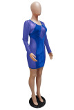Color Blue Work Daily Solid Hollowed Out Patchwork See-through Pencil Skirt Dresses