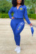 Blue Casual Print Zipper Collar Long Sleeve Two Pieces