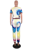 Multicolor Casual Patchwork Tie-dye O Neck Short Sleeve Two Pieces