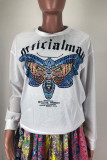 White Fashion Casual Letter Butterfly Print Basic O Neck Tops