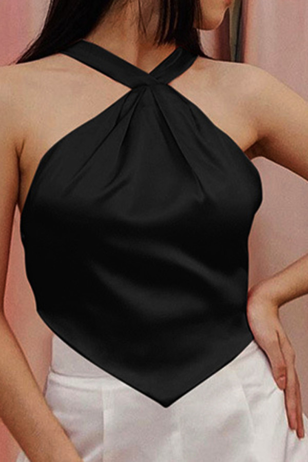 Black Sexy Solid Backless Cross Straps Spaghetti Strap Tops