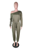 Army Green Casual Fashion Solid Polyester Long Sleeve one word collar Jumpsuits