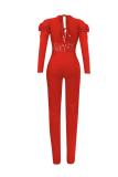 Red Fashion Sexy bandage Patchwork lace Solid Long Sleeve V Neck Jumpsuits