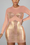 Pink Sexy Print Patchwork O Neck Pencil Skirt Dresses