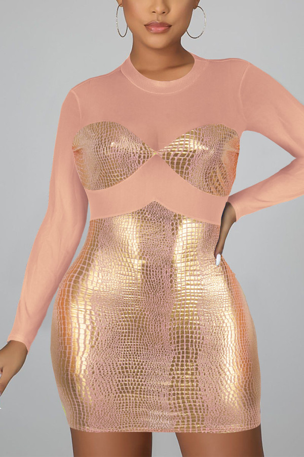 Pink Sexy Print Patchwork O Neck Pencil Skirt Dresses