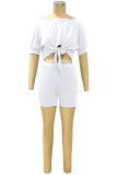 White Fashion Casual adult Patchwork Solid Bandage asymmetrical Two Piece Suits Straight Short Sleeve Two Pieces