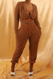 Brown Fashion Casual Solid Split Joint V Neck Long Sleeve Two Pieces