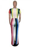 Red Casual Fashion Striped bandage Print Hollow Polyester Short Sleeve Jumpsuits