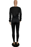 Black Fashion Patchwork Solid Asymmetrical V Neck Long Sleeve Two Pieces