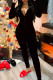 Black Casual Living Letter Embroidery Basic V Neck Skinny Jumpsuits