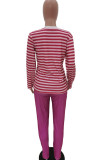 fuchsia Casual Two Piece Suits Striped Straight Long Sleeve Two-piece Pants Set