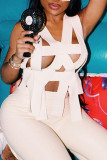 White Sexy Patchwork Solid Hollowed Out Backless V Neck Tops