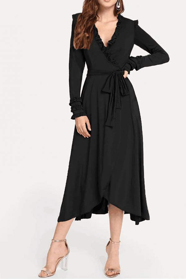 Black Work Heap sleeves Long Sleeves V Neck Asymmetrical Mid-Calf stringy selvedge Solid Long S
