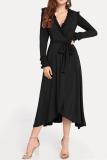 Black Polyester Work Heap sleeves Long Sleeves V Neck Asymmetrical Mid-Calf stringy selvedge Solid Long S