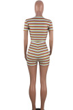 Multicolor Sexy Casual Striped Print Basic V Neck Short Sleeve Two Pieces