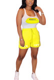 Fluorescent Yellow Polyester Fashion Casual adult Letter Patchwork Print Two Piece Suits Straight Sleeveless Two Pieces
