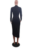 Black Elegant Solid Split Joint Slit O Neck Pencil Skirt Dresses