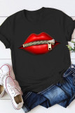 Black Fashion Casual Lips Printed Basic O Neck T-Shirts
