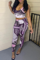 Purple Street Print Spaghetti Strap Sleeveless Two Pieces
