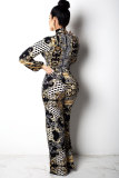 Multi-color Polyester Elastic Fly Long Sleeve Mid Zippered Print bandage Patchwork Skinny Pants Jumpsuits & Rom