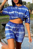 Deep Blue Fashion Casual Print Basic O Neck Short Sleeve Two Pieces