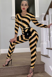Yellow street Striped Long Sleeve O Neck Jumpsuits