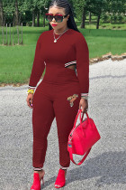 Wine Red Casual Solid Polyester Long Sleeve O Neck Jumpsuits