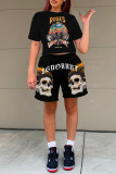 White Fashion Casual Print Basic O Neck Short Sleeve Two Pieces