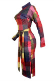 Colour Fashion Casual Plaid Print With Belt Half A Turtleneck Long Sleeve Dresses