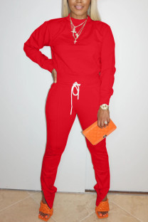 Red Sweet Solid Split Joint O Neck Long Sleeve Two Pieces
