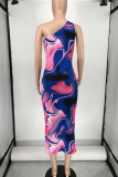 Multicolor Fashion Sexy Print Hollowed Out Backless One Shoulder Sleeveless Dress