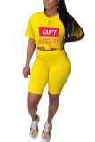 Yellow venetian Fashion Sexy adult Ma'am Letter Print Two Piece Suits Straight Short Sleeve Two Pieces