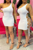 White Sexy Solid Hollowed Out Backless One Shoulder Sleeveless Dress