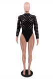 Black Fashion Sexy Patchwork See-through Half A Turtleneck Skinny Romper