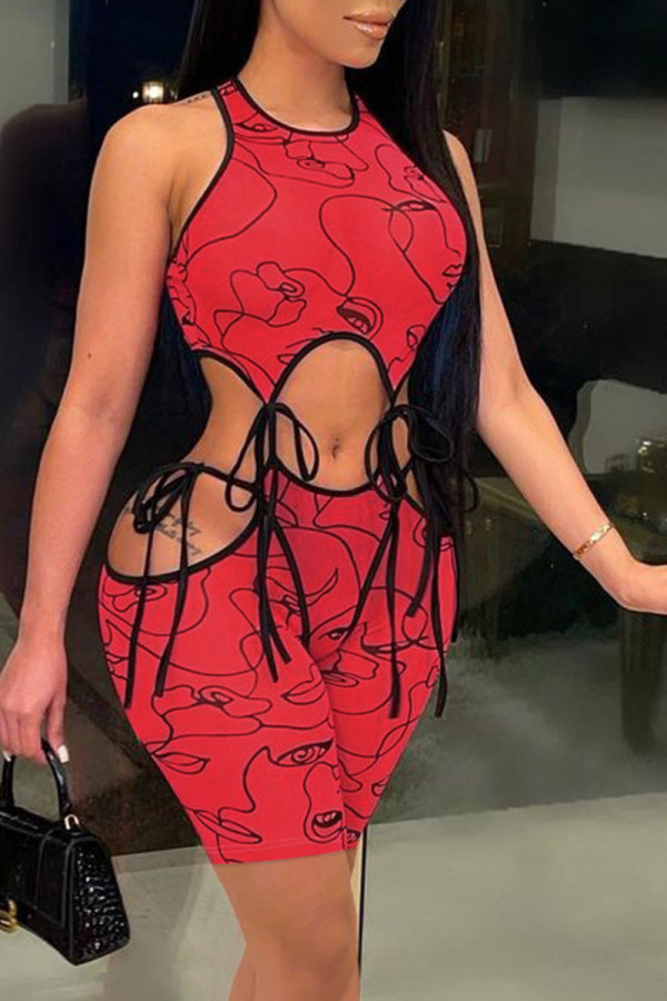 Red Sexy Print Bandage O Neck Sleeveless Two Pieces