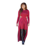 Wine Red Elastic Fly Mid Hooded Out Split Skinny shorts Two-piece suit