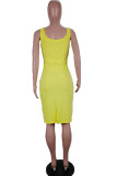 Yellow Polyester Fashion Sexy adult Ma'am Tank Sleeveless O neck A-Line Knee-Length Solid Dresses