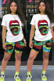 Orange Polyester Fashion Active Casual Patchwork Print Tie Dye Straight Short Sleeve Two Pieces
